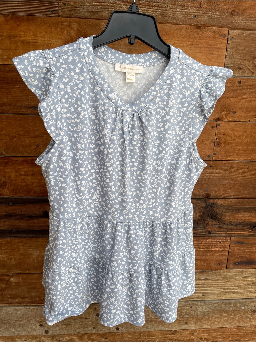 Monteau Light Blue & White Floral Ruffle-Sleeve Tunic